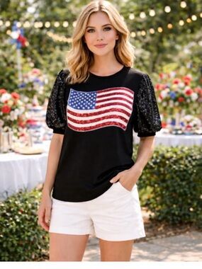 Black Short Sleeve Tee with Sequin American Flag and Puff Sleeves
